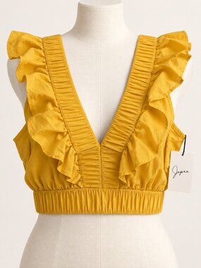 NWT Japna Yellow Ruffle Deep V Crop Top Size L